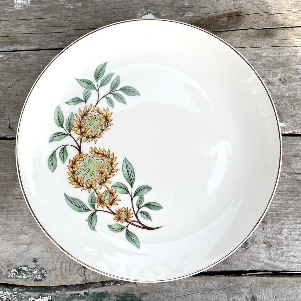 Vintage EVERBRITE Sunflowers dinner plates 22 Kt gold MCM Floral
